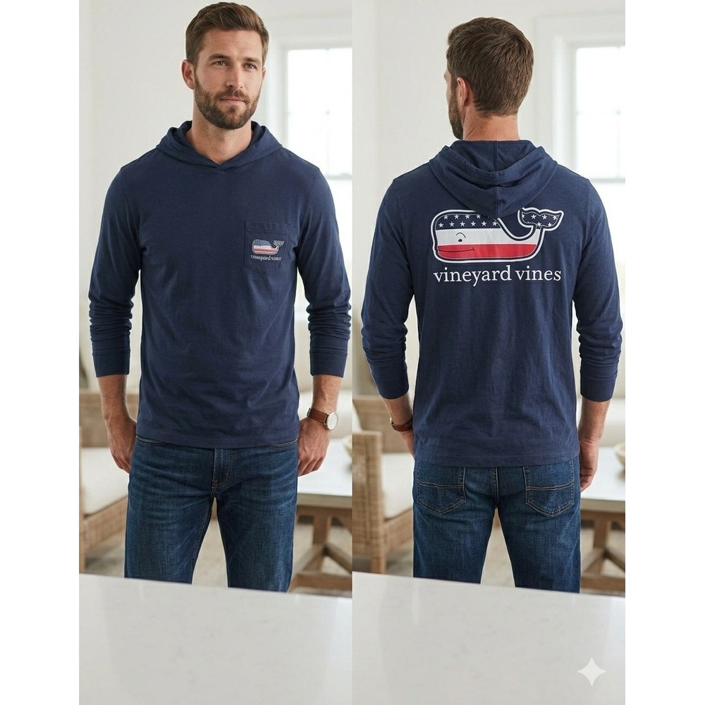 Vineyard Vines Mens XS Navy Blue American Flag Whale Logo Hooded T-Shirt Hoodie